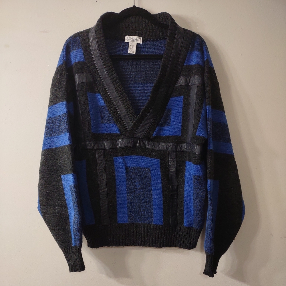 Vintage Sir Beau VNeck Sweater with Leather Detail, Size Large